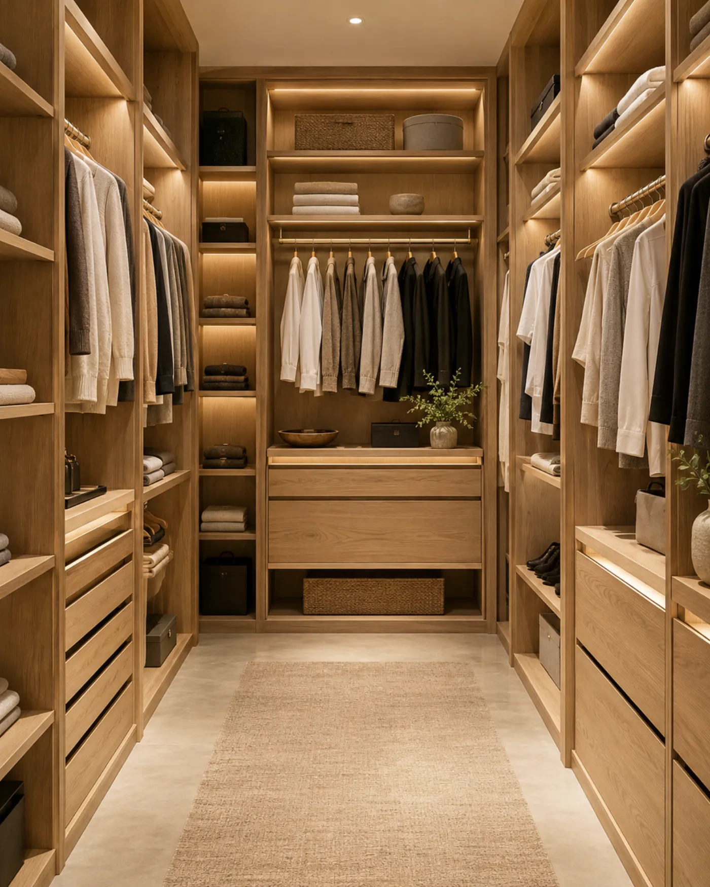 Closet sob medida em madeira clara com prateleiras, cabideiro e iluminação embutida
