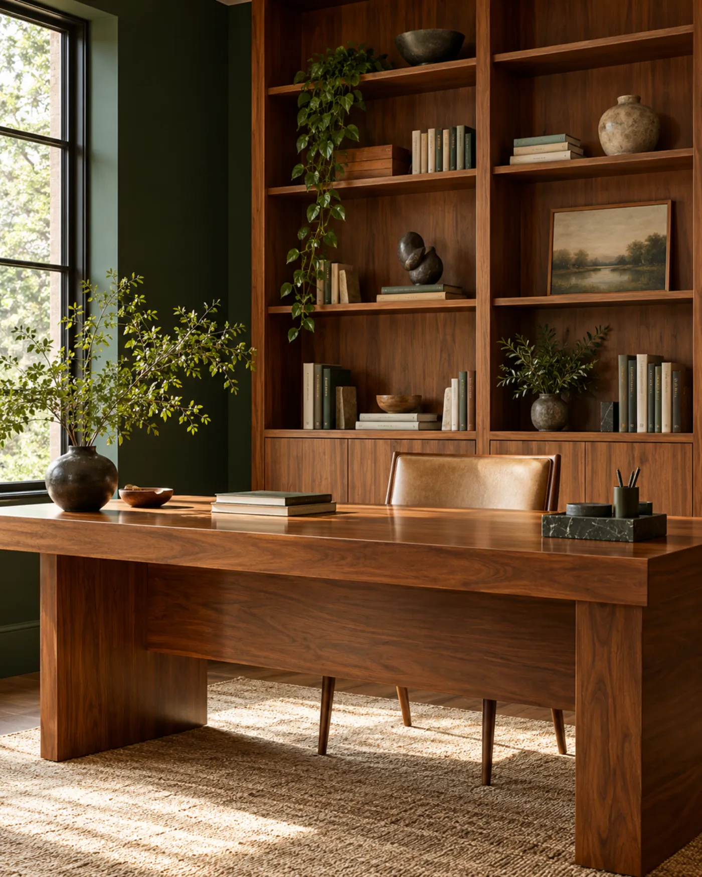 Home office com mesa e estante em madeira maciça escura junto a uma parede verde