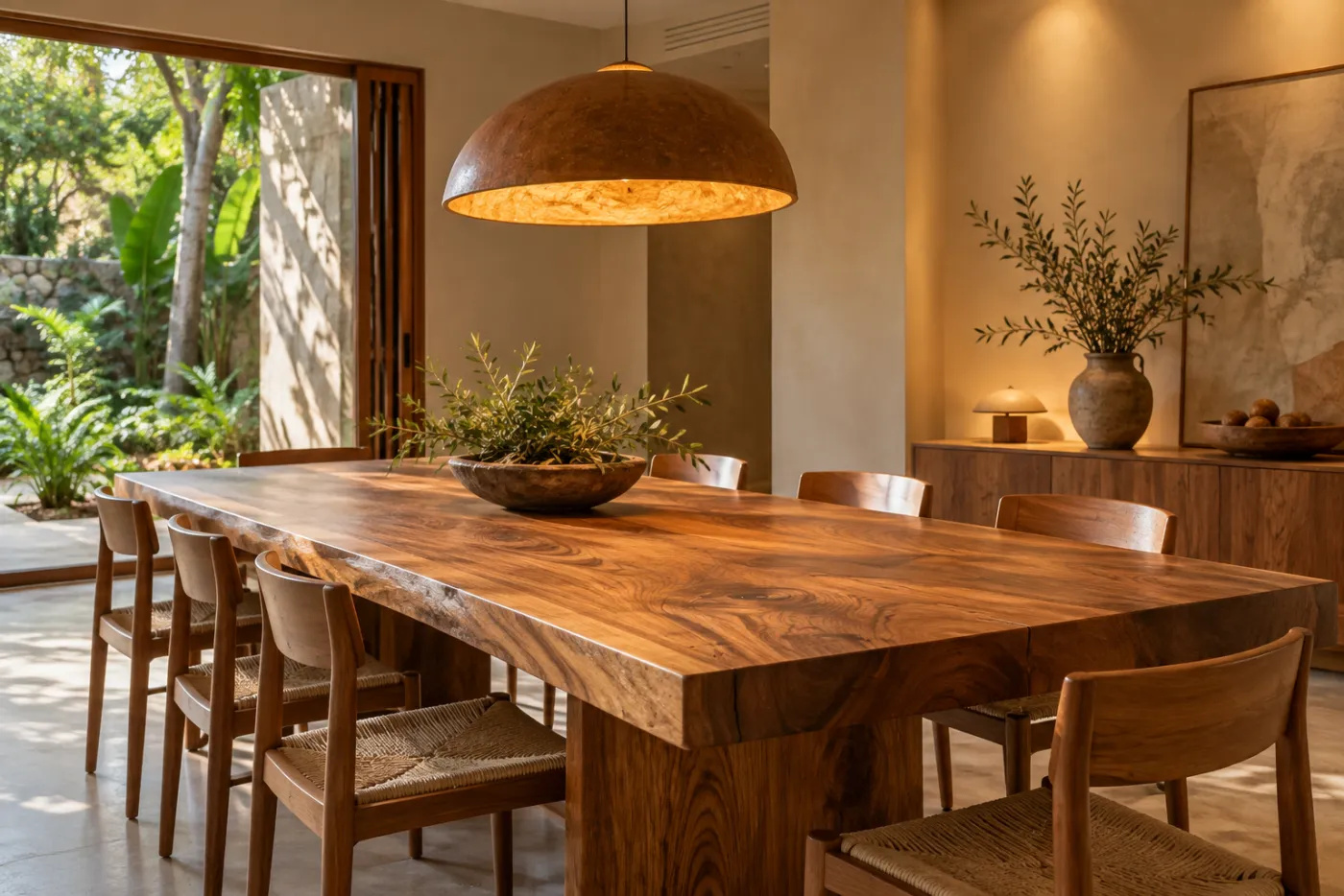 Mesa de jantar de tampo espesso em madeira maciça com cadeiras de madeira
